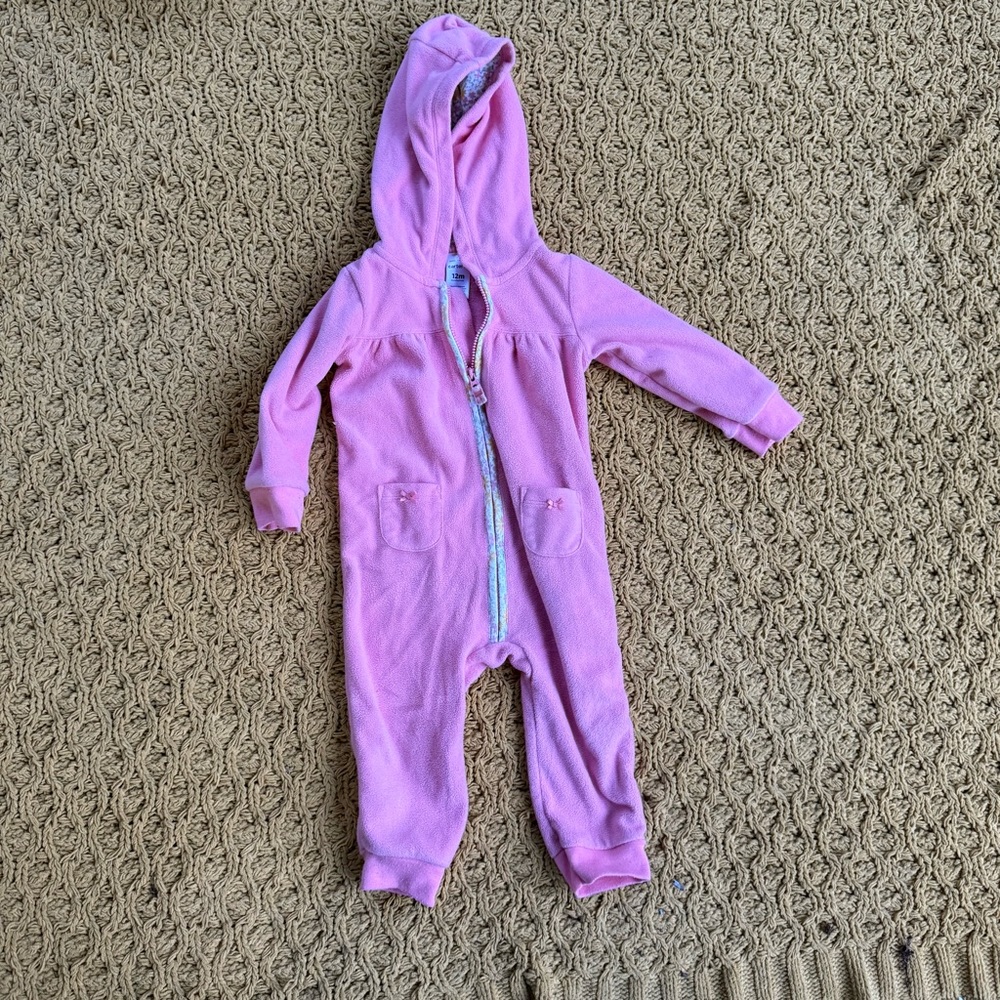 Carter's Girls 12m 1 piece Zip Romper Outfit Fleece Pink Hooded Bows Floral Bear
